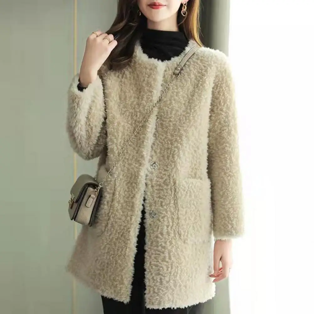 Women Jacket Women Coat Cozy Women's Winter Coat Double-sided Plush Thermal Cardigan with Windproof Design Long Sleeve Pockets