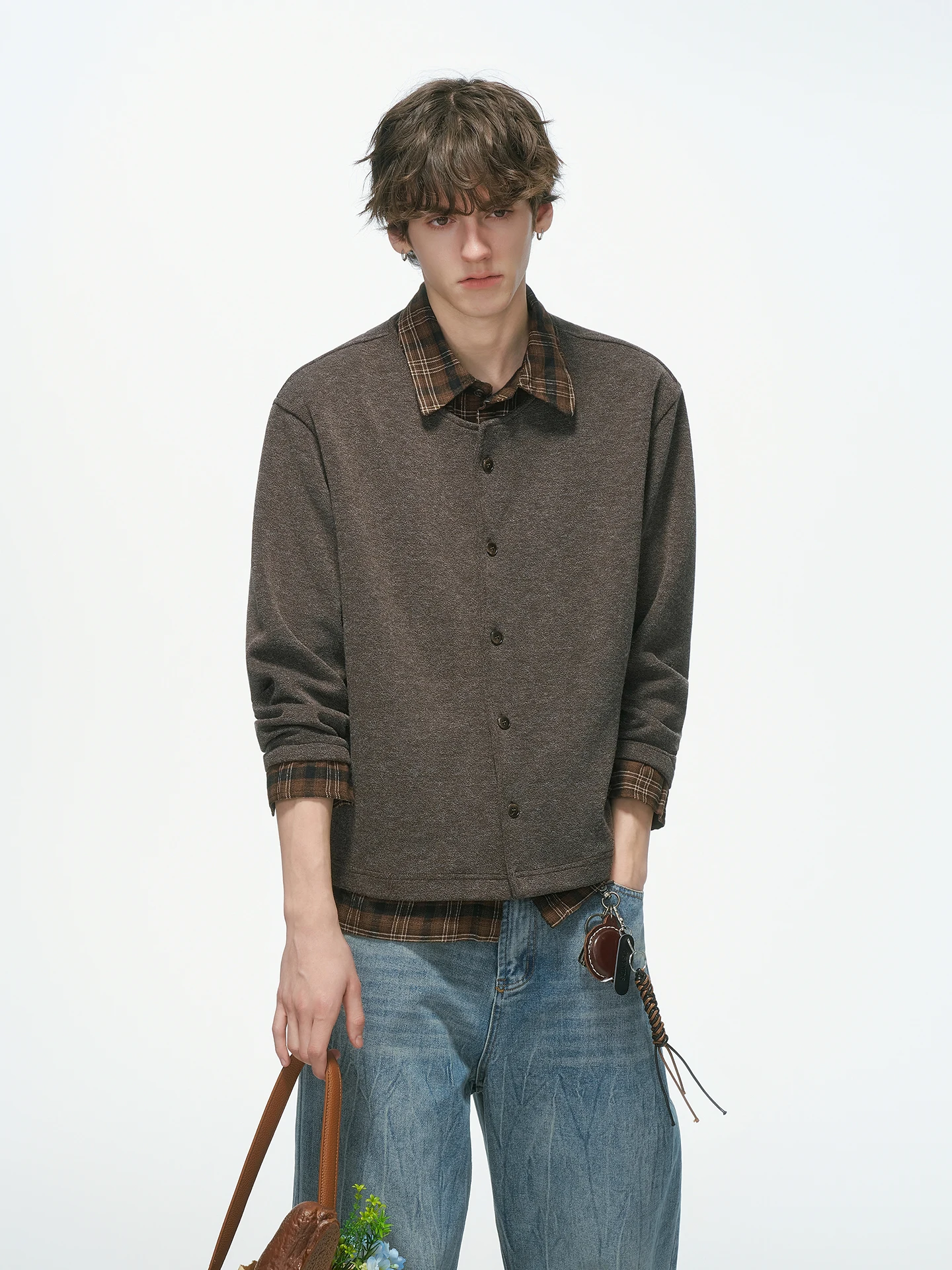 Dream Made Men's Knitted Long Sleeve Shirt Inner Wear Fake Two-Piece Checkered Loose Fit Warm Thick Winter Style Commute