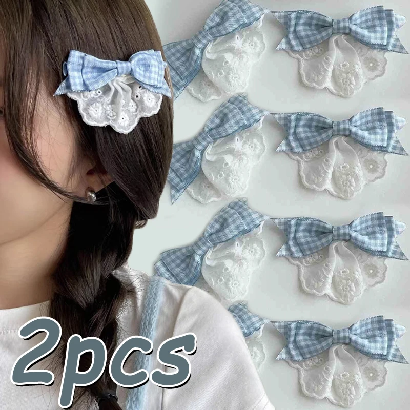 1/2pcs Blue Bow Hairpins Women Girls Sweet Side Clips Cute Plaid Lace Bownot Duckbill Pins Ornament Bohemia Headwears Barrettes