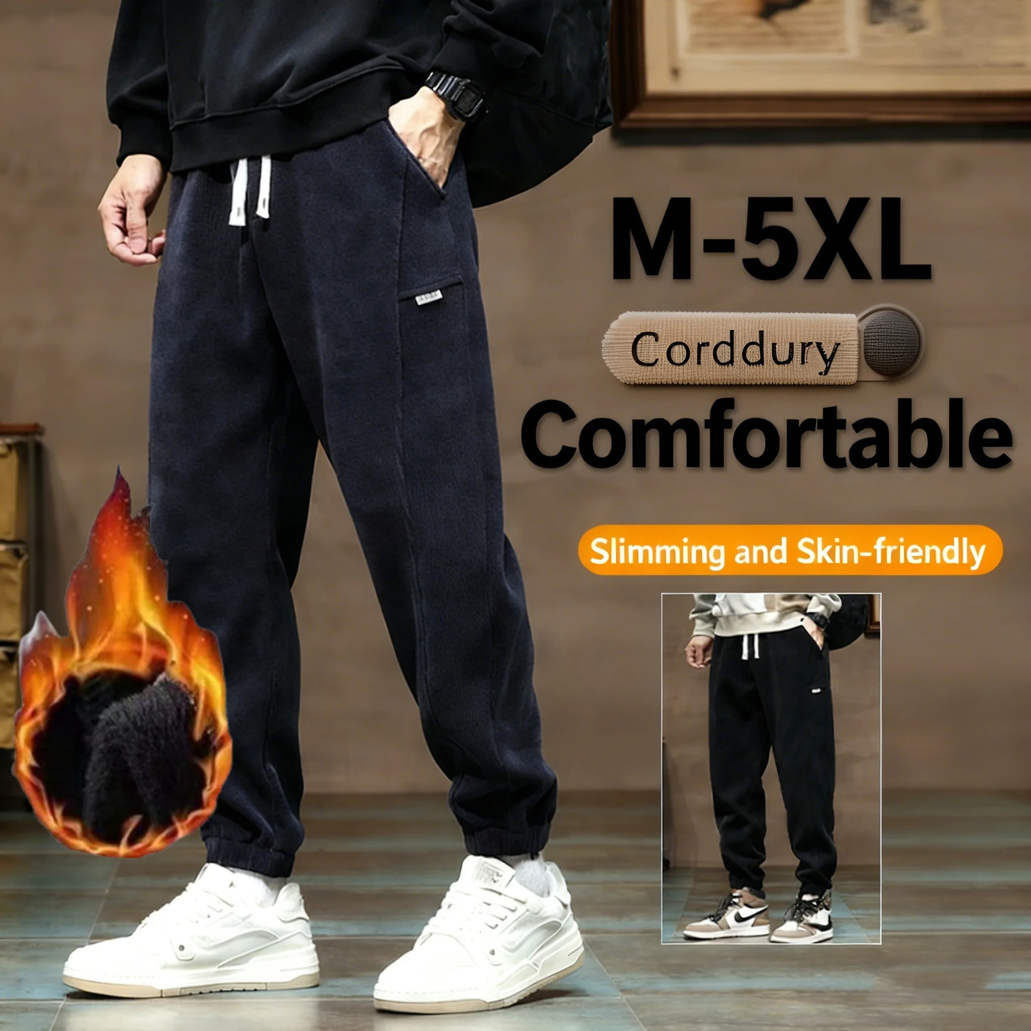 

Мужские вельветовые брюки, зимние брюки свободного покроя на флисовой подкладке, повседневные теплые брюки с эластичной резинкой на талии и завязками на каждый день