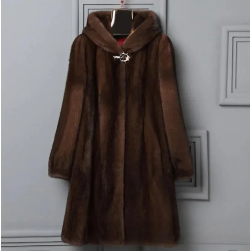 

Winter Women Clothing New Mink Coat Hooded Long Styles Solid Casual Warm Jacket Middle-aged and Elderly Imitation Fur Overcoat