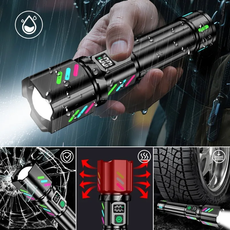High Power LED Long Range Flashlight USB Rechargeable White Laser Zoomable Torch Light with Luminous Strips for Outdoor Camping