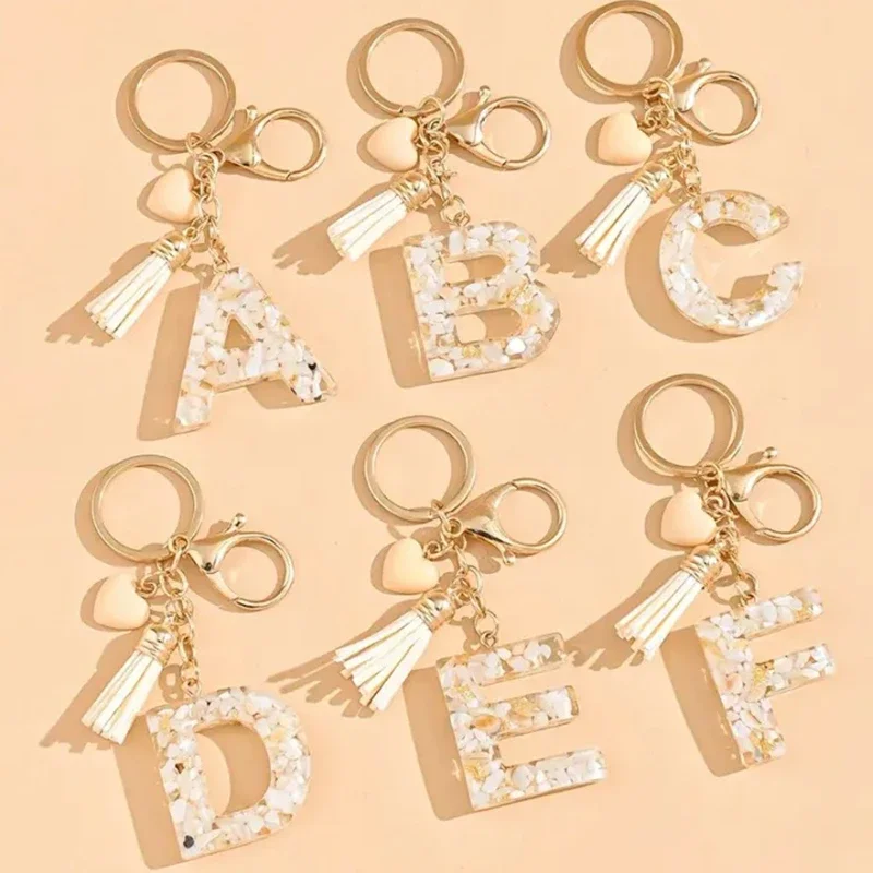 A-Z English Keychain Tassel Resin Heart Droplet Shell Stone Alphabet Keyring Bag Car Character Accessories Women Key Chain Ring