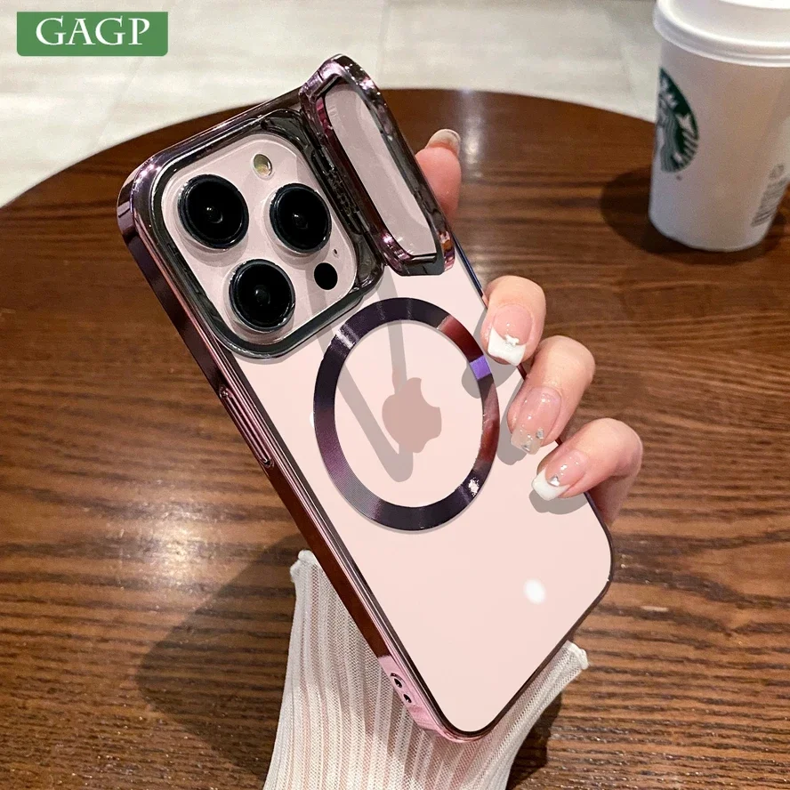 Luxury Magnetic Charging Case For iPhone 15 14 13 12 Pro Max 15 Plus Fliping Lens Protection Bracket Cover Magsafing Hard Case