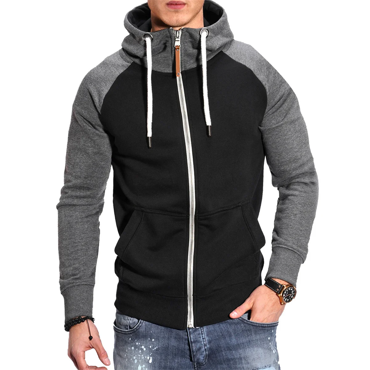 

Winter Fashion Fitness Sports Men's Casual Splicing Color, Insert Shoulder Sleeve Hooded Thickened Straight-Through Hoodie