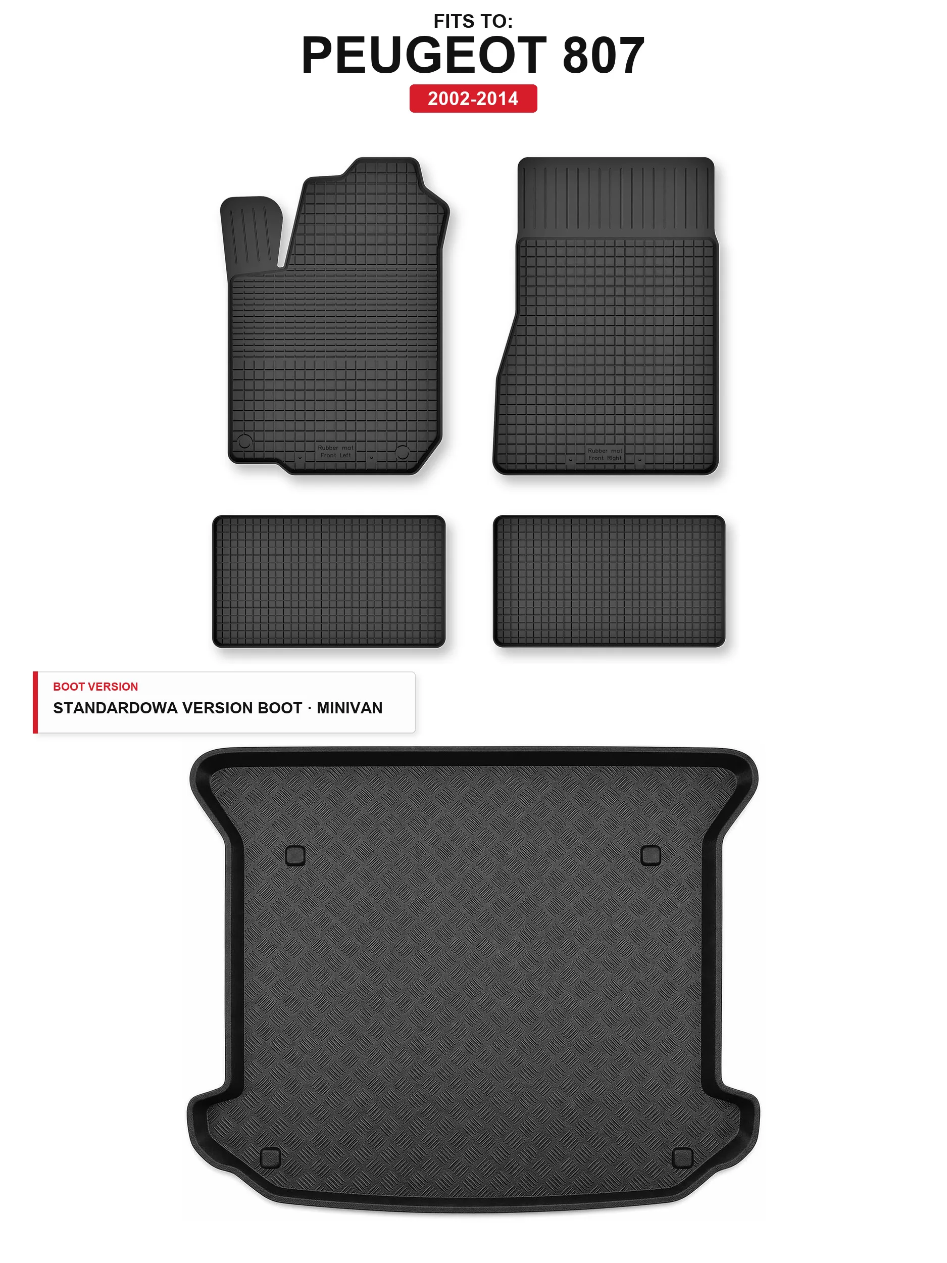 Image of Teppiche im Kofferraum + Kofferraummatte für: Peugeot 807 2002-2014 Minivan 5 El.