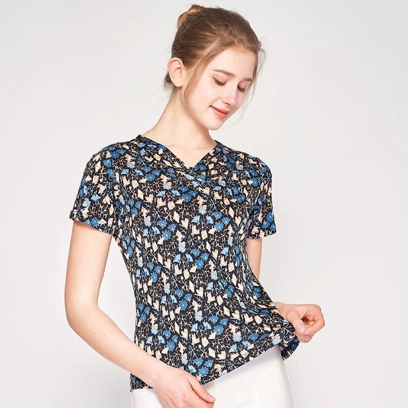 80% Silk V-neck Short Sleeve Women's T-shirt Printed Slim Large Mulberry Silk Knitting Bottoming Shirt