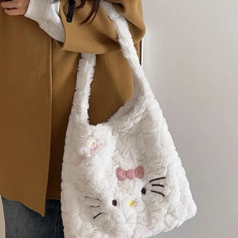 Miniso Sanrio Hellokitty tas bahu tunggal wanita, tas Tote kapasitas besar berbulu mewah lucu musim gugur dan musim dingin