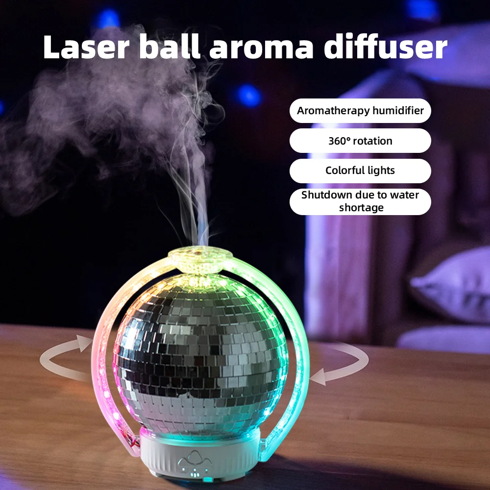 Humidificador de aromaterapia con luz LED 360 °   Bola láser de rotación Atmósfera romántica Silencioso, relajante, incluye 3 aceites esenciales