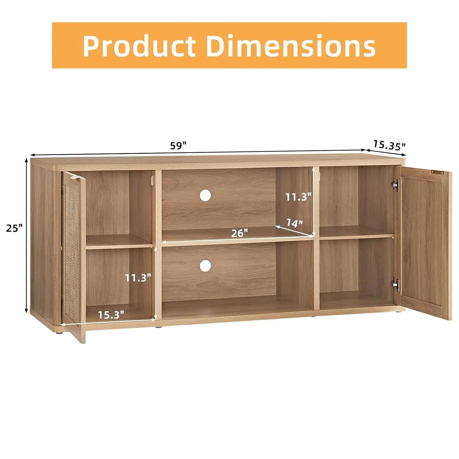 Rattan TV Stand Natural Wood Boho Media Console Rounded Corners 6 Storage Compartments Floor Standing 50-65 Inch, Customized