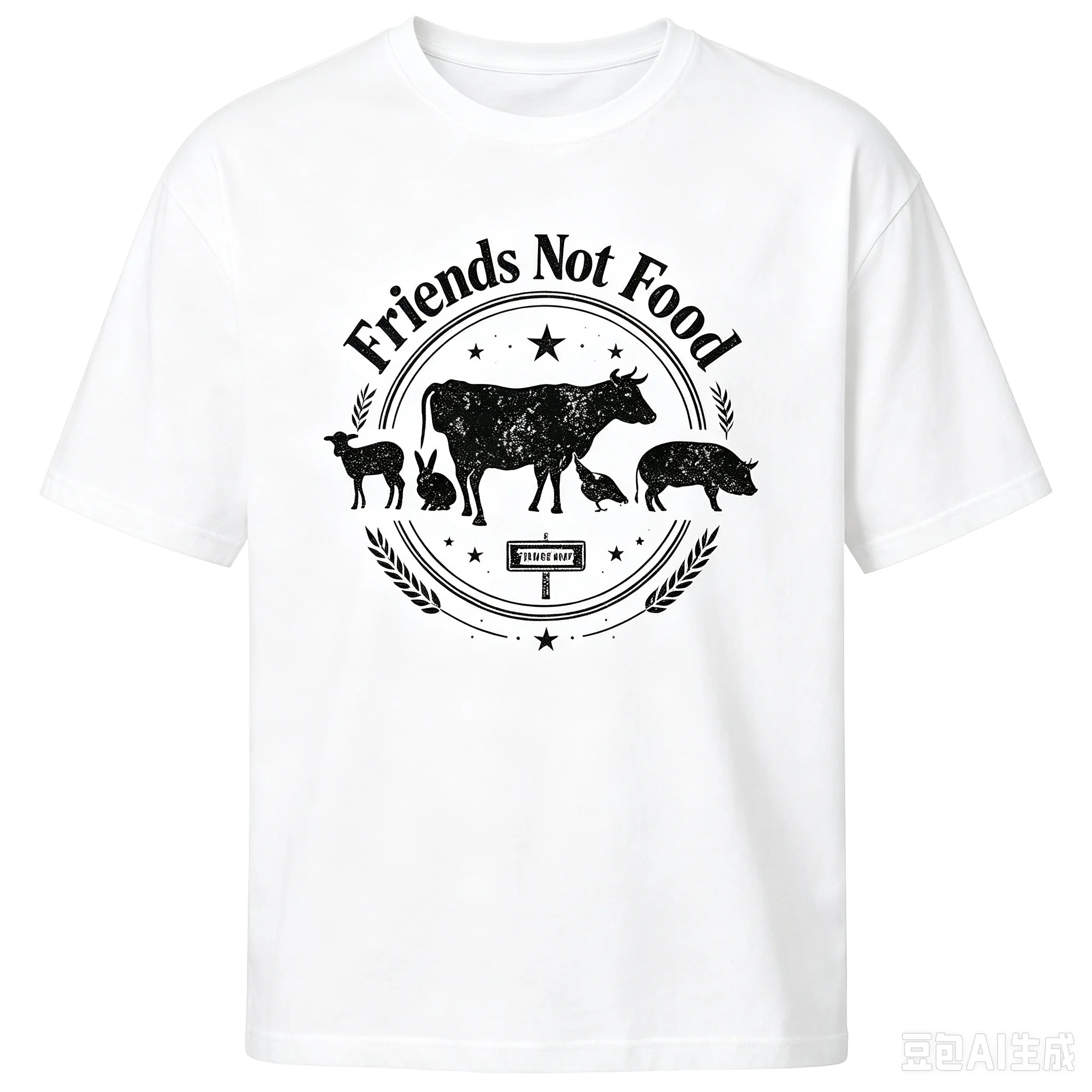 Men Vegan T‑Shirt Friends Not Food Farm Animal Retro Badge Graphic Print Casual Crew Neck Short Sleeve Tops