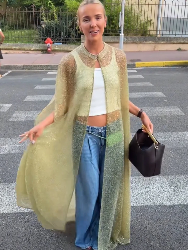 Transparent Shining Women's Cloak Open Stitch Solid Sequined Loose O-neck Long Lady 2026 Summer High Street Fashion Casual Coat