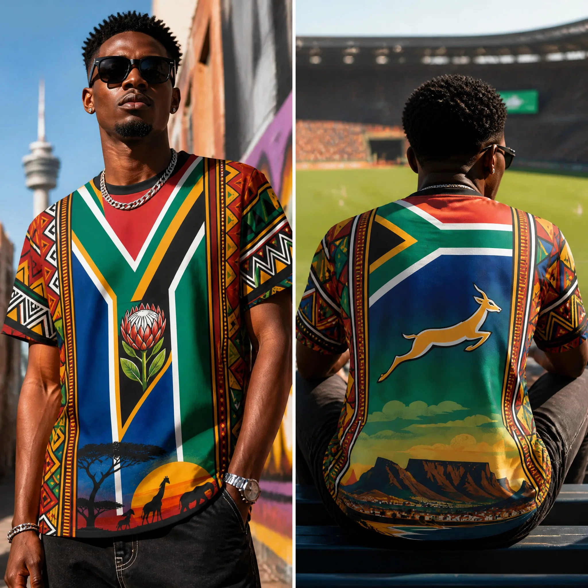 Mens South Africa Round Neck T Shirt Flag Scenic Protea Print Casual Short Sleeve Streetwear Summer Graphic Top Vacation Holiday