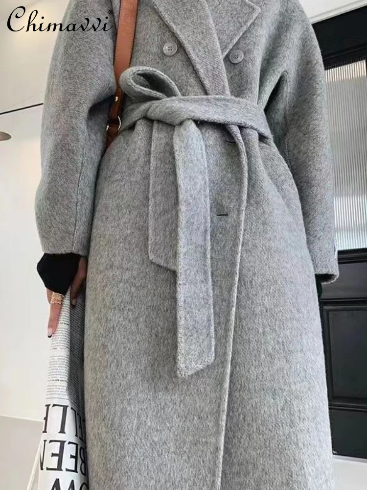 

2024 Korean Style Elegant Suit Collar Waistband Single-Breasted Mid-Length Double-Sided Woolen Overcoats Wool Coats for Women