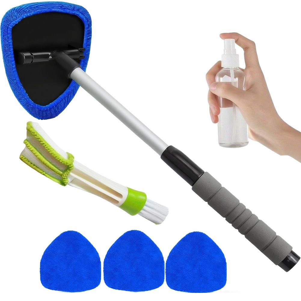 Car Glass for Cleaning Tool Kit with 4 for washable Microfiber Cloths Expandable Handle Spray Bottle and Detailing Brush Set