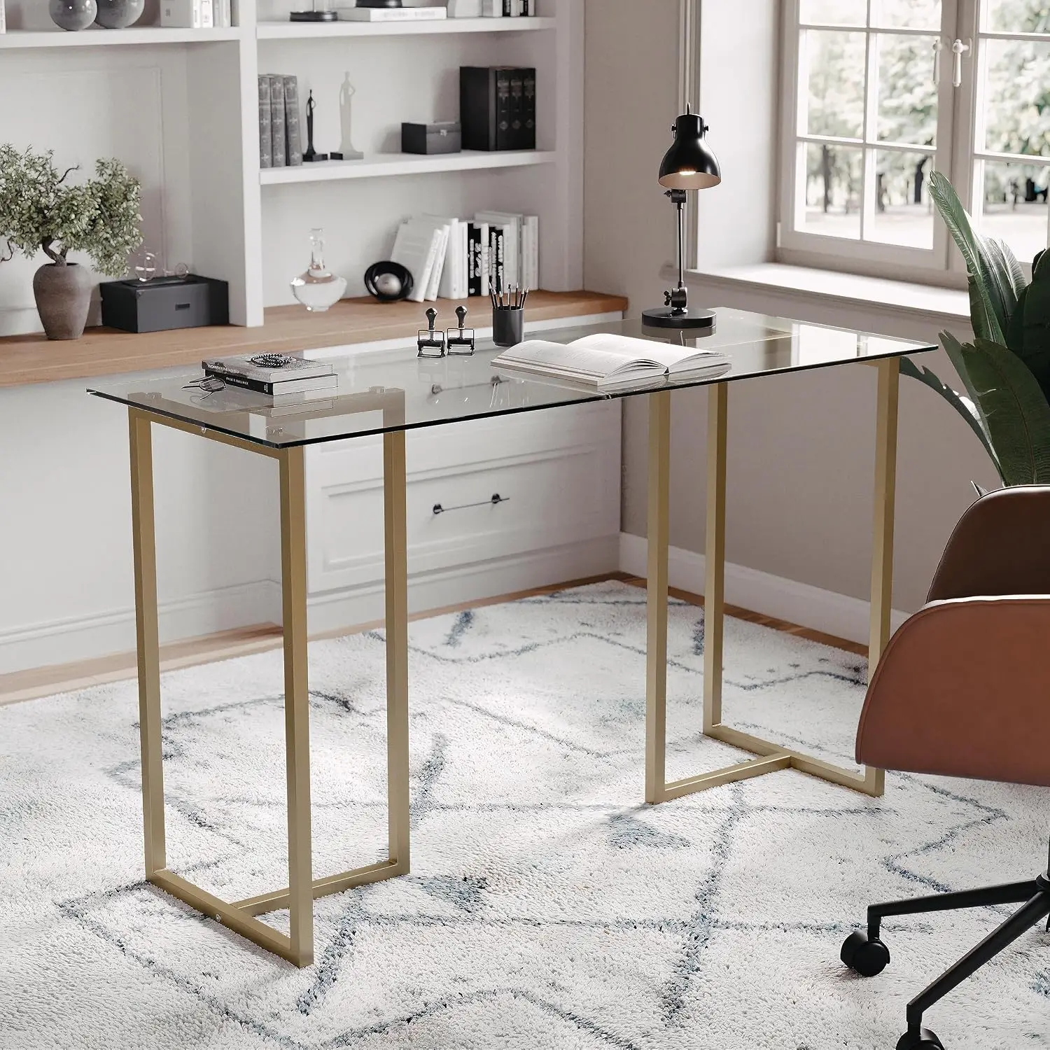 Glass Top Home Office Desk, Polished Brass Metal Frame, Tempered Glass Workstation, Modern Study Room, 47x24x30in, Customized