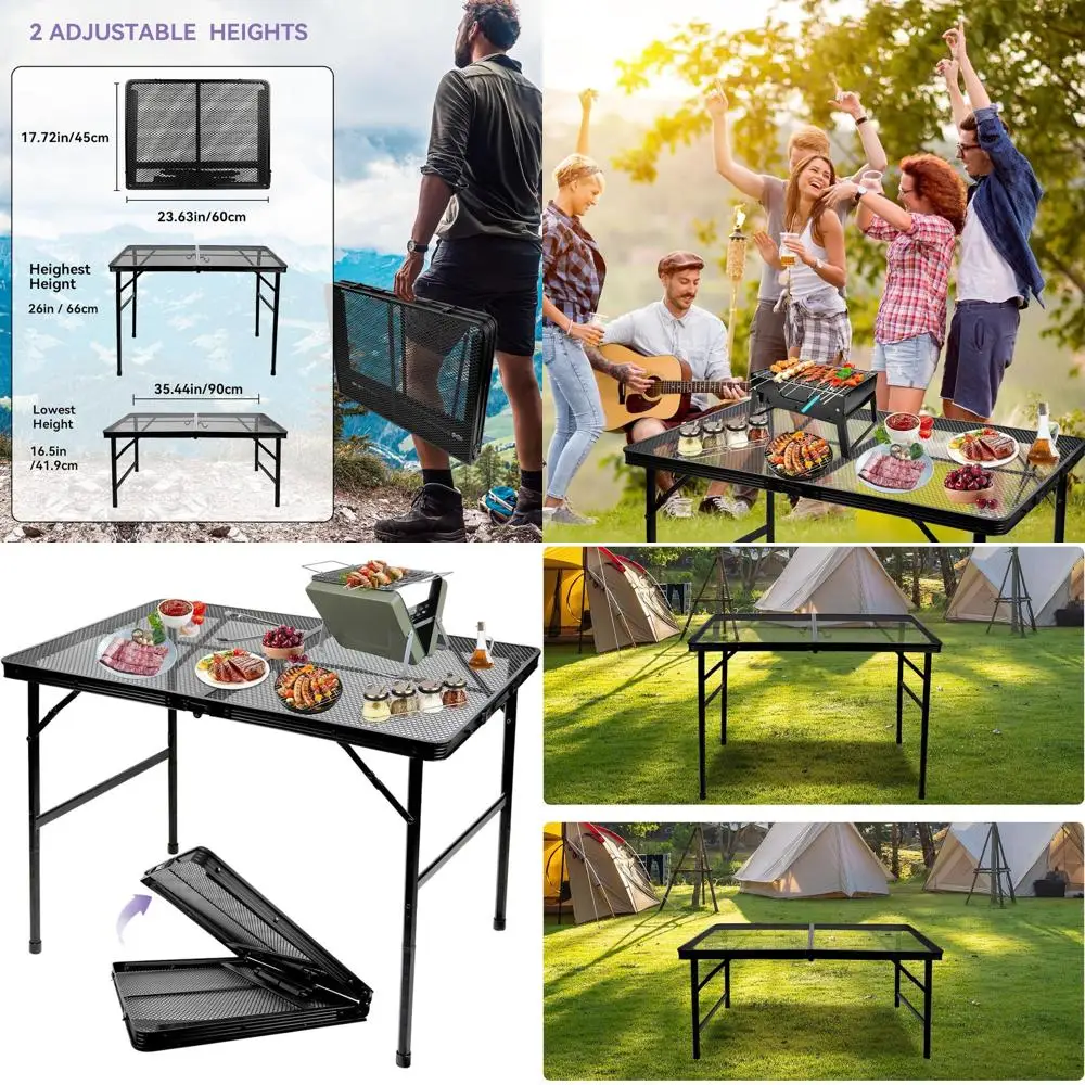 

Portable Folding Metal Picnic Table, Lightweight Adjustable Height, Outdoor Camping Table, Black