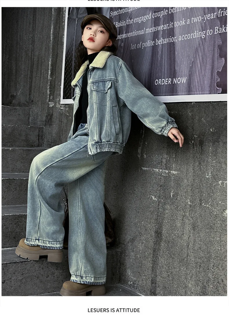 Girls Winter Korean Denim Set 2024 New Thick and Fleece Cold Warm Denim Set Coat and Pants Two-piece Set Clothes Fashion image 5