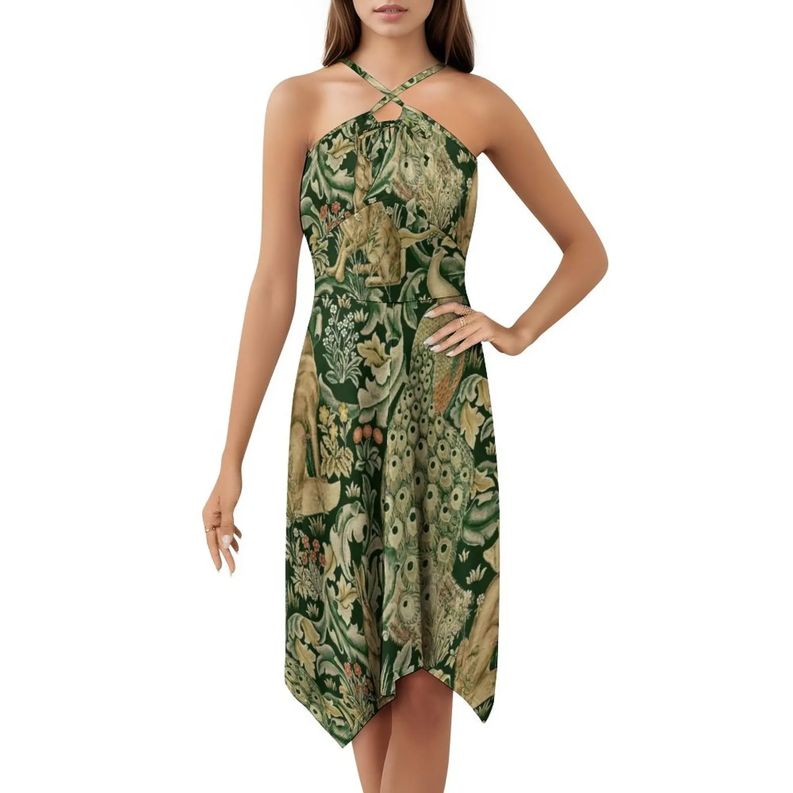 حيوانات الغابة الخضراء الطاووس الثعلب والأرنب باللون الأخضر فستان سموك للنساء لربيع وصيف فستان كاجوال للحفلات الحيوانية #5