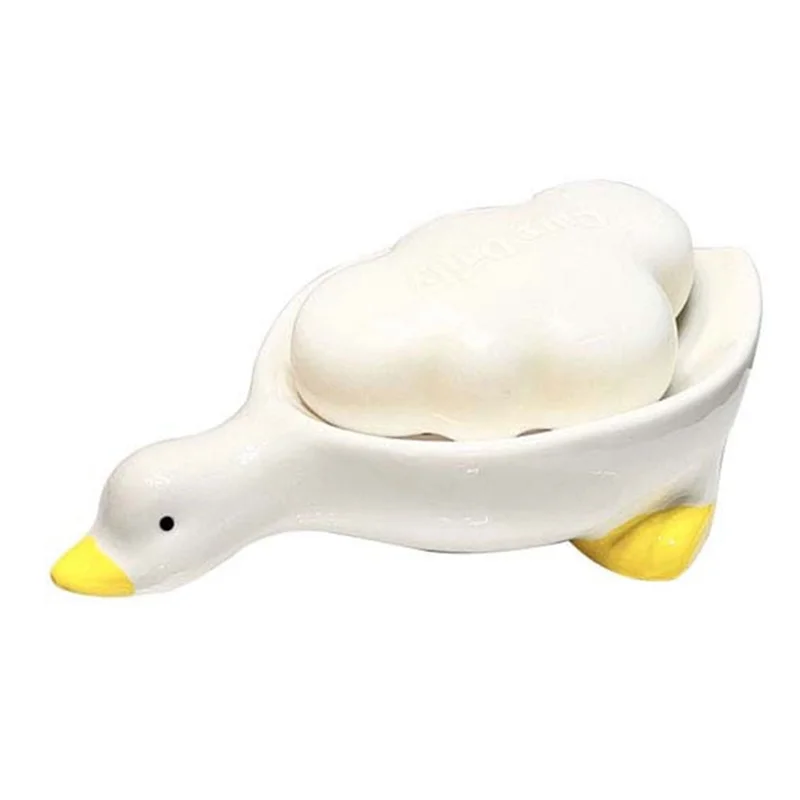 Ceramic Soap Dish with Drain, White Cute Animal Soap Dish for Shower Bathroom, Self Draining Ceramic Soap Holder