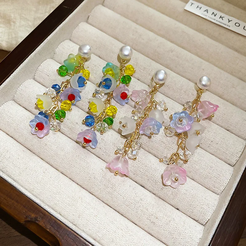 Fresh Design Flowers Tassel Drop Earrings Women Sweet Personality Imitation Pearl Earring Commuting Elegant Jewelry Vacation A