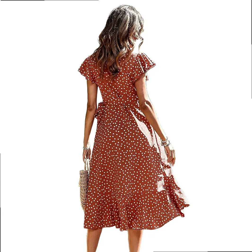 Summer V Neck Printed Short Sleeve Dress Tie Ruffle Hem Dresses Jumpsuit Playsuit Matching Set view 5