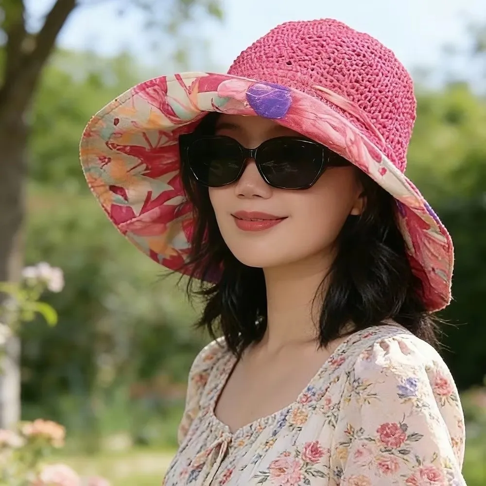 Ethnischer Stil, großer Strohhut mit breiter Krempe, exquisite Blumen, faltbarer Strandhut, UV-Schutz, atmungsaktiver Sonnenschutzhut für den Sommer – Detail 6