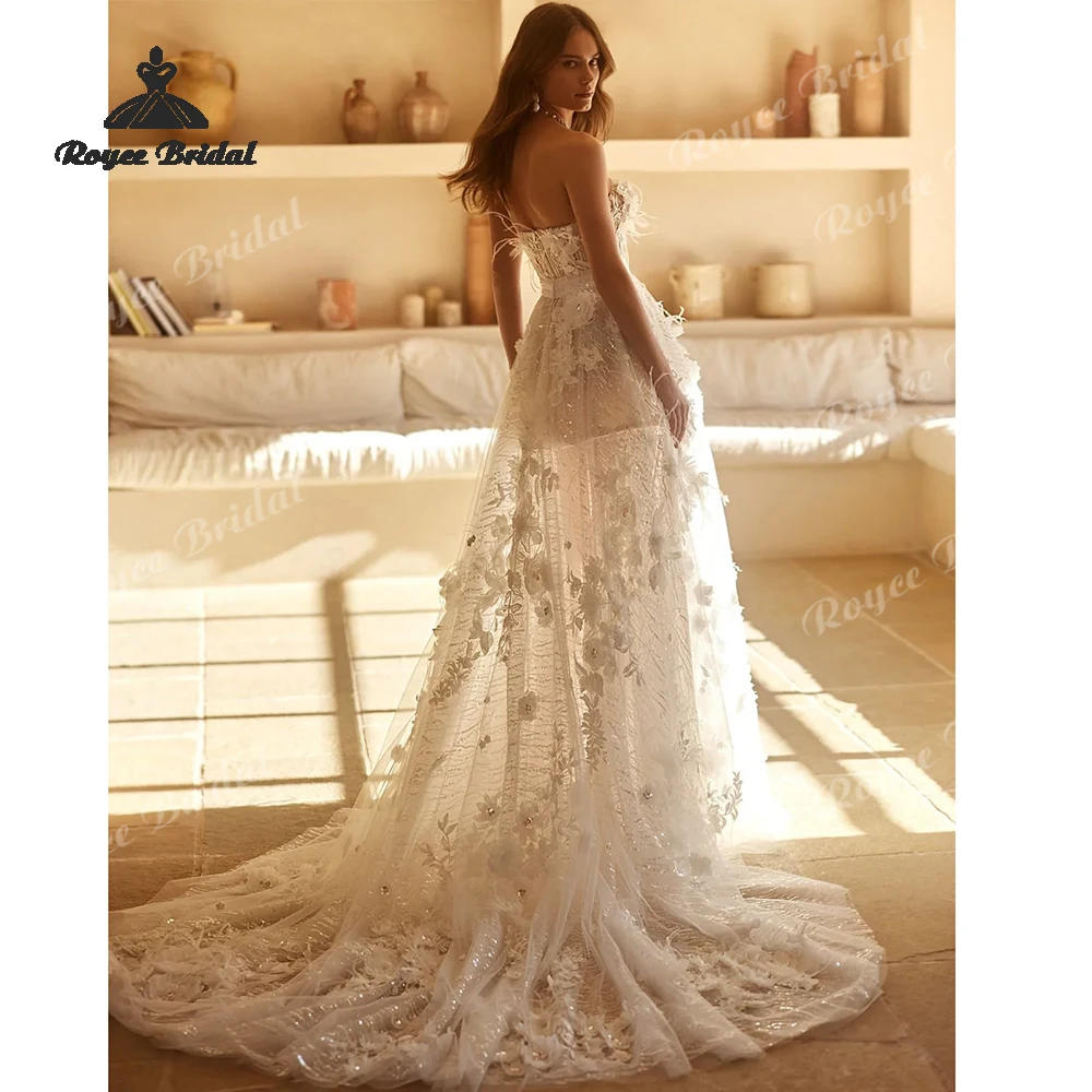 Feathers Applique Backless A Line Wedding Dresses 2027 3D Flowers Detachable Hem Beach Bridal Gown Customized vestido de novia