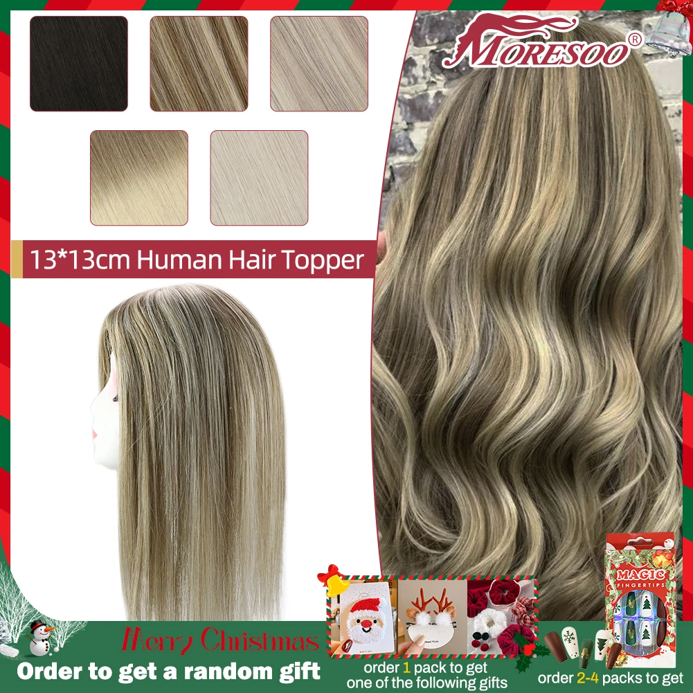 Moresoo Hair Topper 100% Real Human Hair Clip in Extensions Brazilian Hair Machine Remy Hair 13*13cm Mono and PU Top Invisible