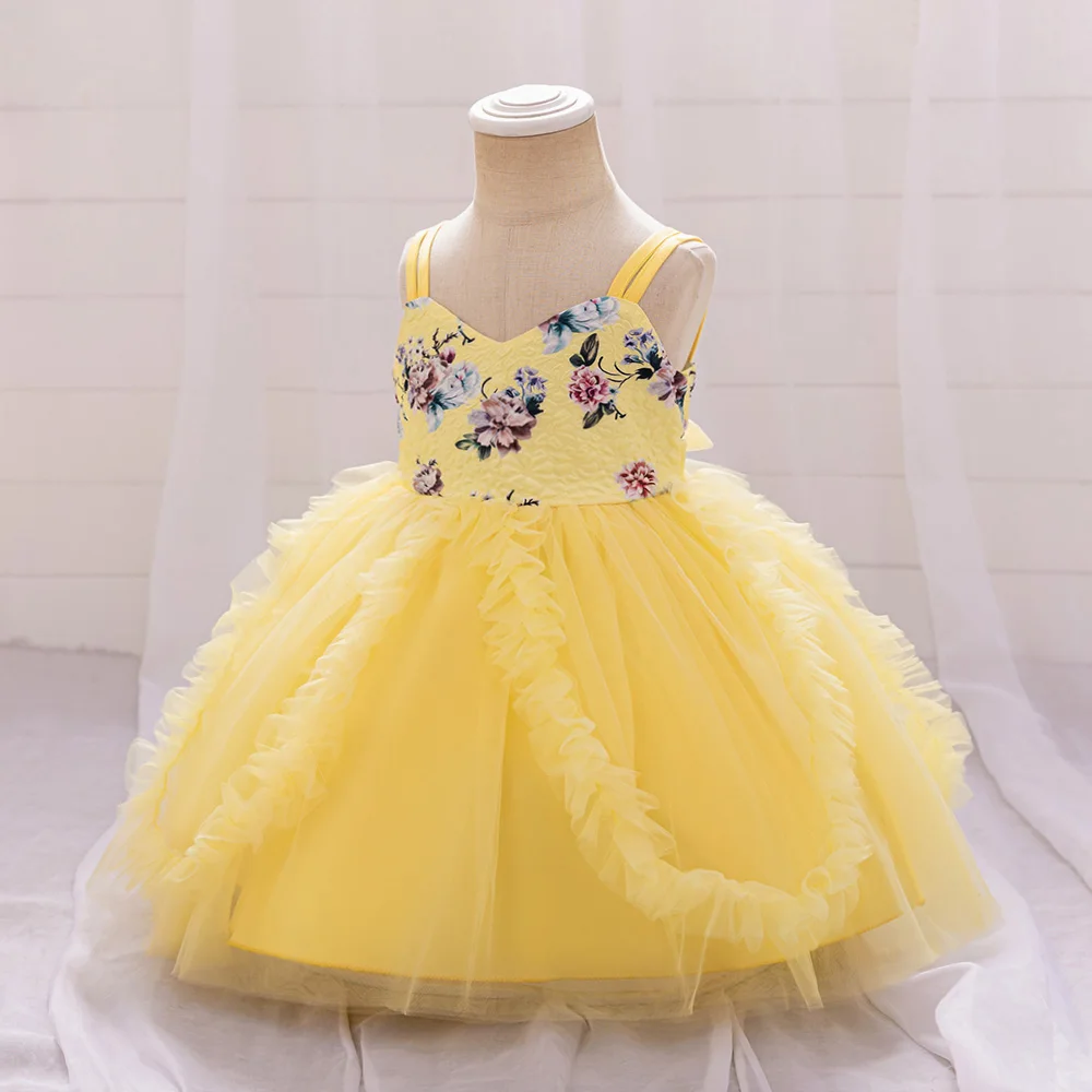 Girl 1st Birthday Baptism Party Dress Baby Girls Floral Dresses Toddler Yellow Fashion Evening Cake Gown Kids Daily Holiday Wear