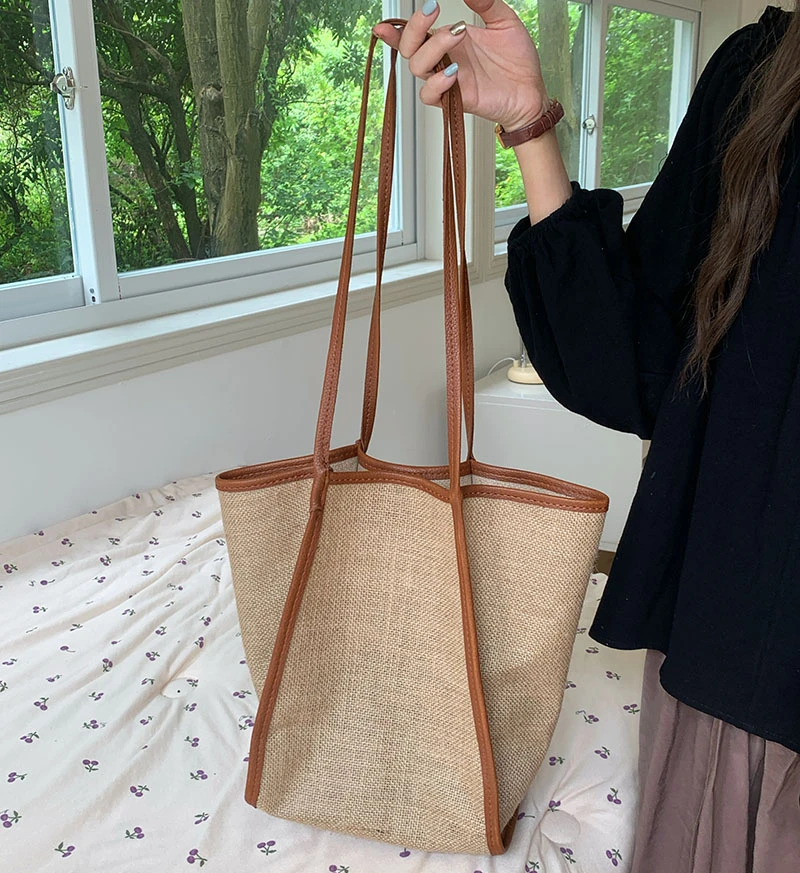 

Large Capacity Women's Cotton Linen Shoulder Bag Summer Vacation Female Beach Tote Bags Woven Straw Ladies Handbags with Purse