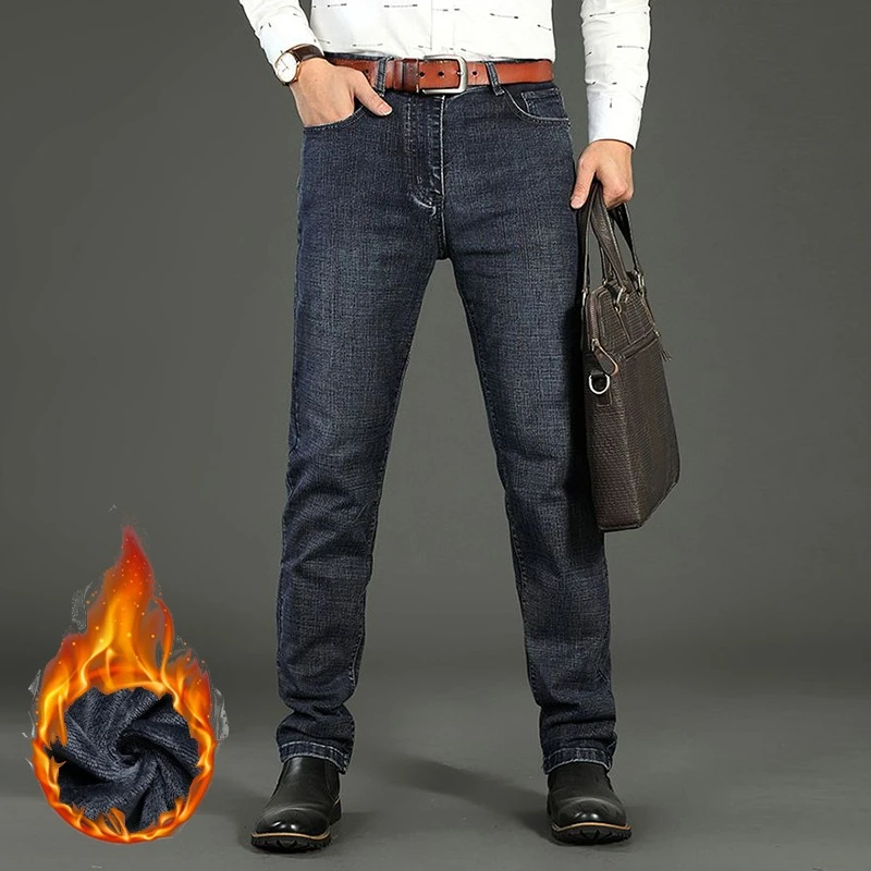 

Мужские модные утолщенные джинсы на флисовой подкладке, мужские осенне-зимние зимние теплые плюшевые джинсовые брюки, повседневные винтажные облегающие брюки
