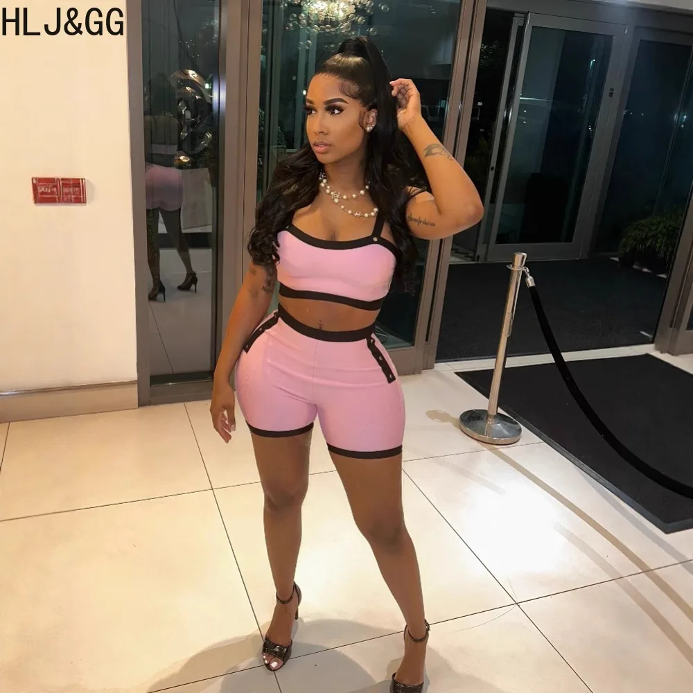 HLJ&GG Pink Sexy Solid Color Patchwork Two Piece Sets Women Round Neck Sleeveless Slim Crop Top And Shorts Outfits Streetwear