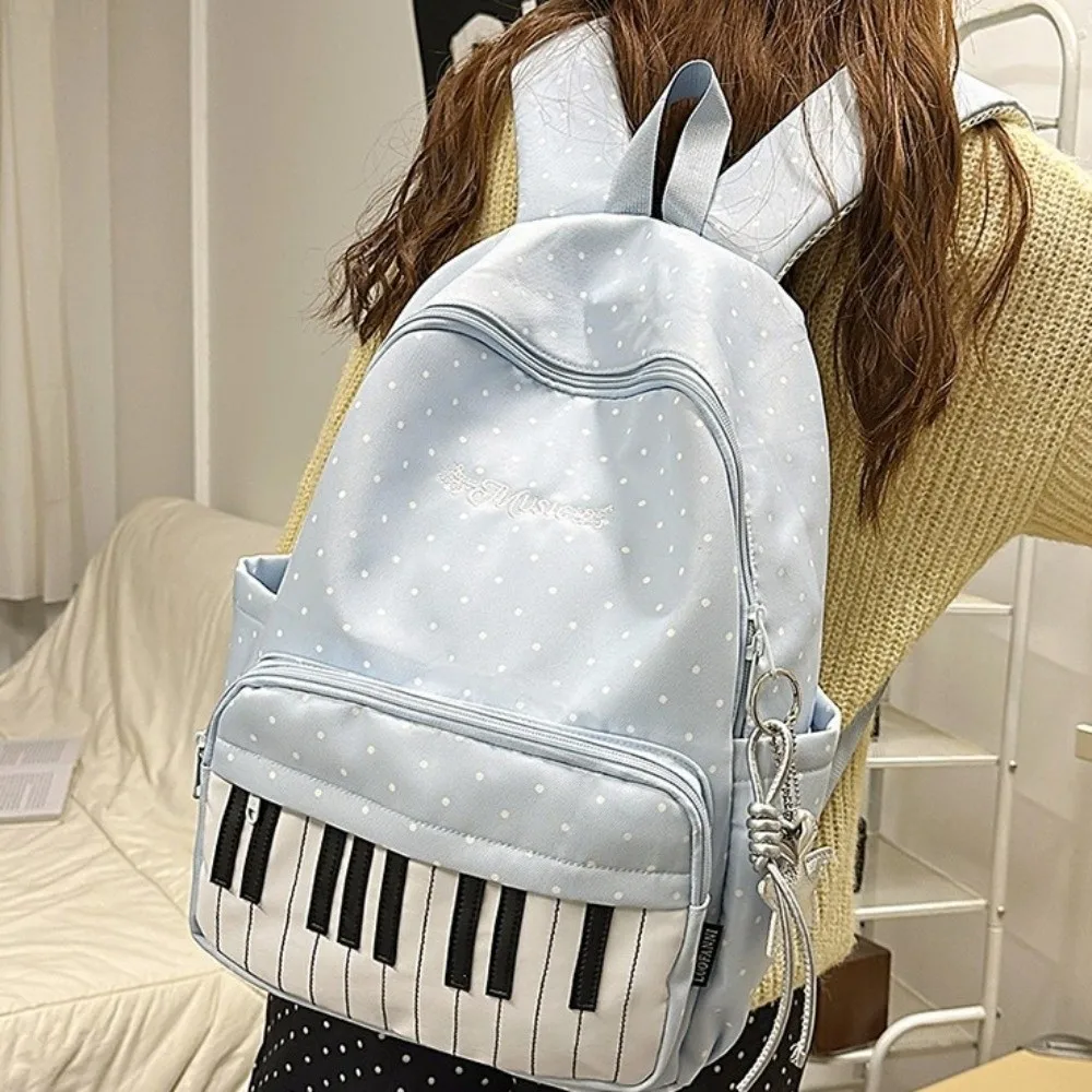 Nylon Polka Dot Print Backpack Preppy Style Cute Large Capacity School Bag Color-blocked Durable Piano Key Backpack College