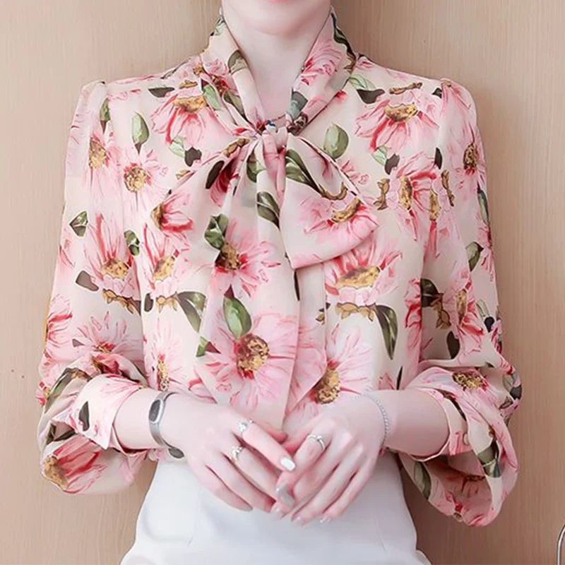 2023 Spring and Autumn New Chiffon Pullover Shirt Scarf Collar Bow Bandage Fragmented Floral Print Long Sleeve Loose Blouse