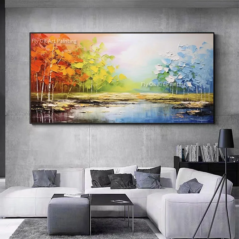 Original Hand-Painted Canvas Oil Painting, Thick Texture Autumn Birch Forest Lake Scenery, Vibrant Nature Landscape Wall Decor