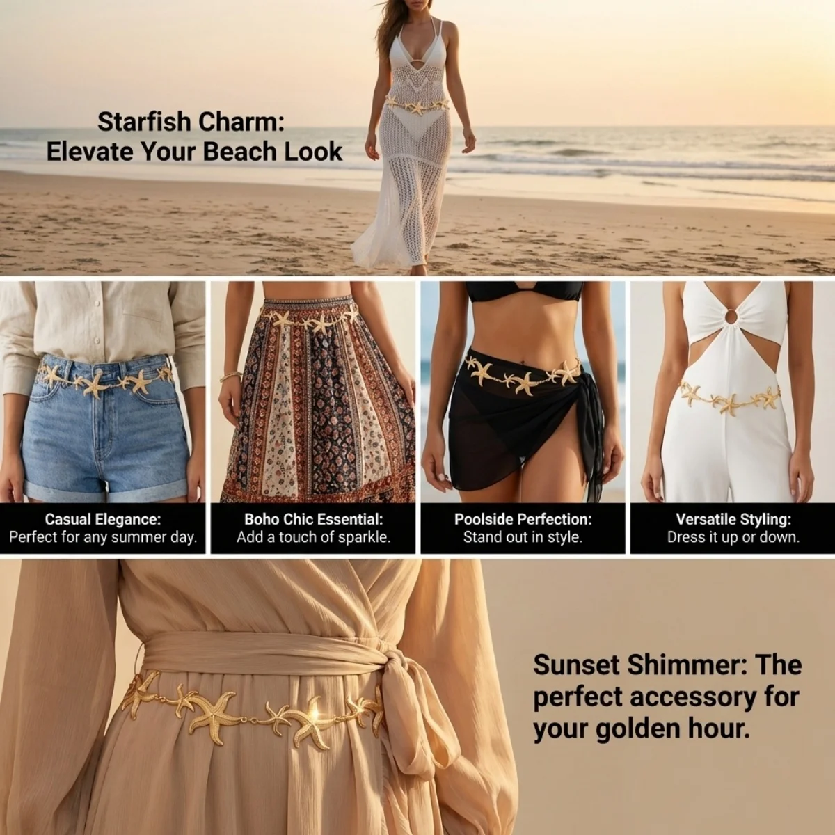 Sommerurlaub Große und Kleine Seestern-Taillenkette für Damen und Herren – Böhmische Strandkleid- und Bikini-Körperkette – Modischer Körperschmuck – Detail 3