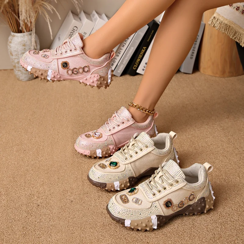 Women's Sneakers Rhinestone Casual Shoes Outdoor Platform Running Shoes Mesh Slip-resistant and Breathable Female Sports Shoes