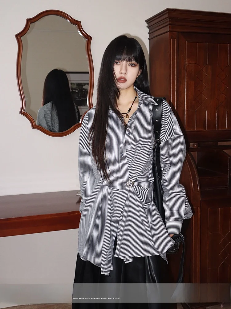 

Casual Loose Long Sve Striped irt Women's Spring Autumn Unusual Design Sense Ele Faux Hair Irregular irt