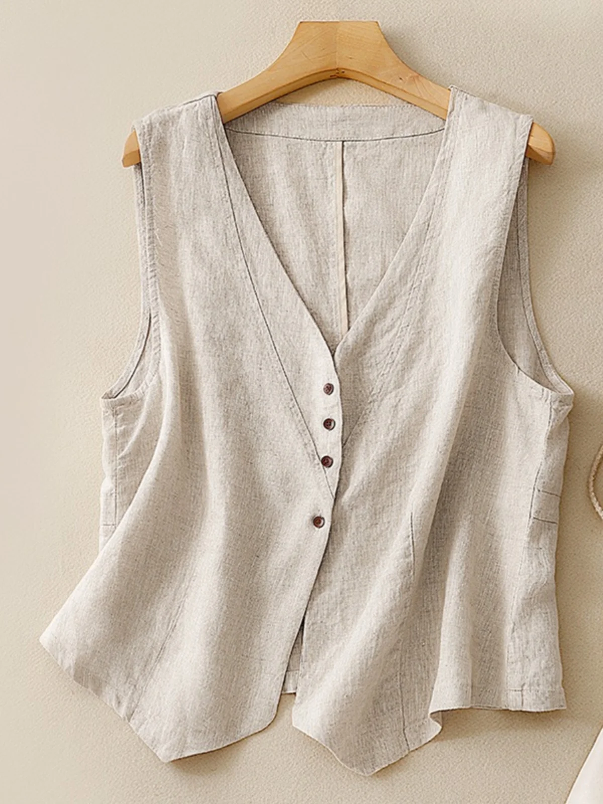 Retro Linen Sleeveless Vest Women Summer Loose Layering Thin Cotton Linen V-neck Open Cardigan Top Button Detail Regular Length