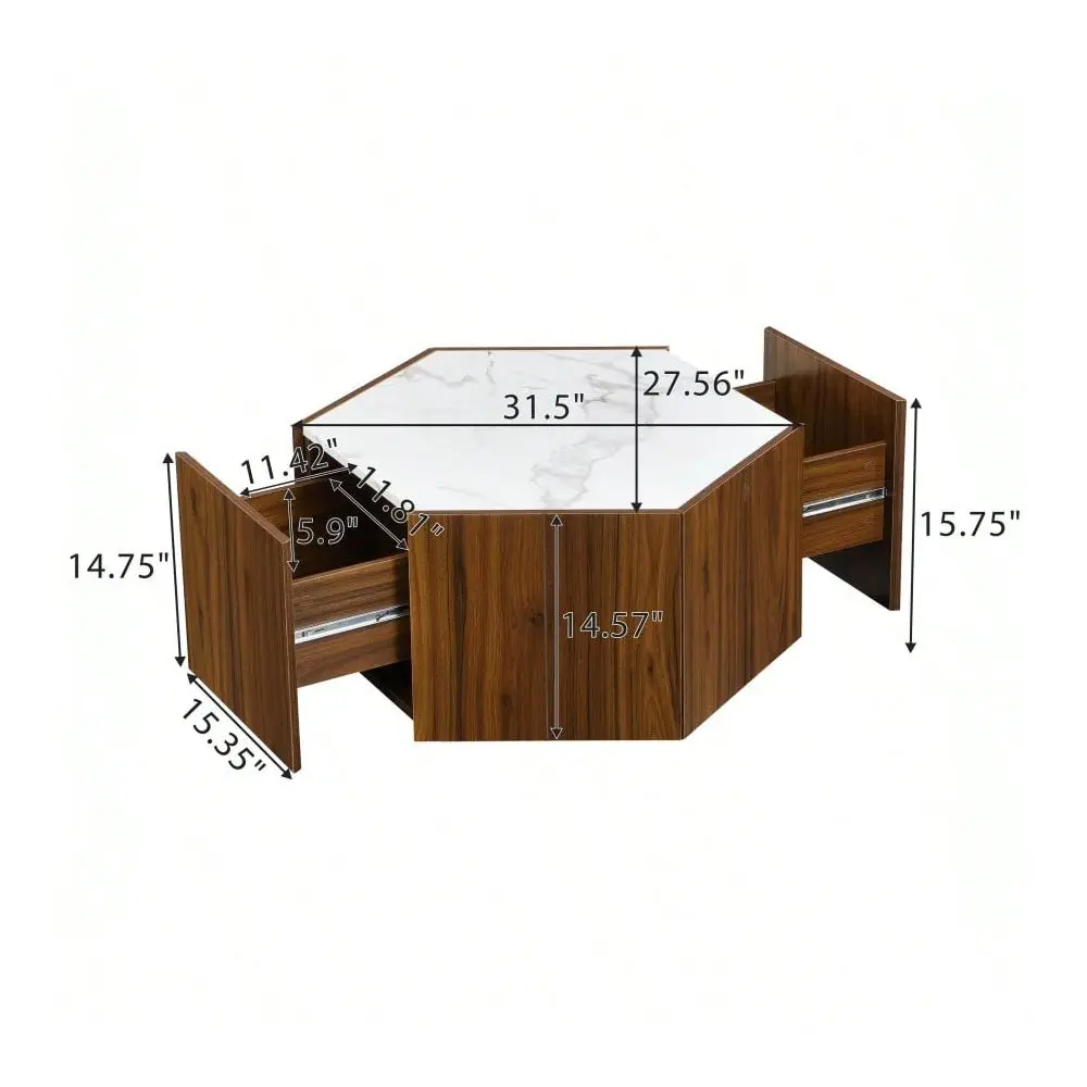 Rustic Retro Wood Coffee Table, With 2 Hidden Drawers, Textured White Marble Tops, Walunt Oak Finish Perfect For Living Room An