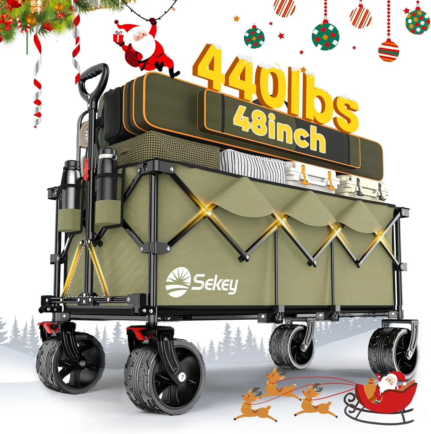 

48''L Collapsible Foldable Extended Wagon with 440lbs Weight Capacity Heavy Duty 300L Folding Utility Garden Cart with Big All T