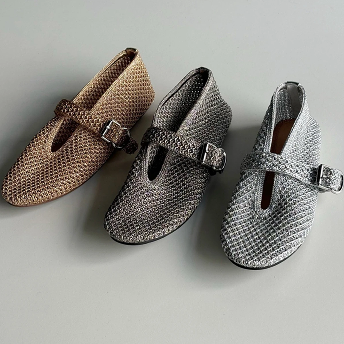 

Maxdutti Genuine Leather ShoesMetallic Silk Woven Mesh Mary Jane Shoes Minimalist Elegant Flat Shoes Loafers For Women