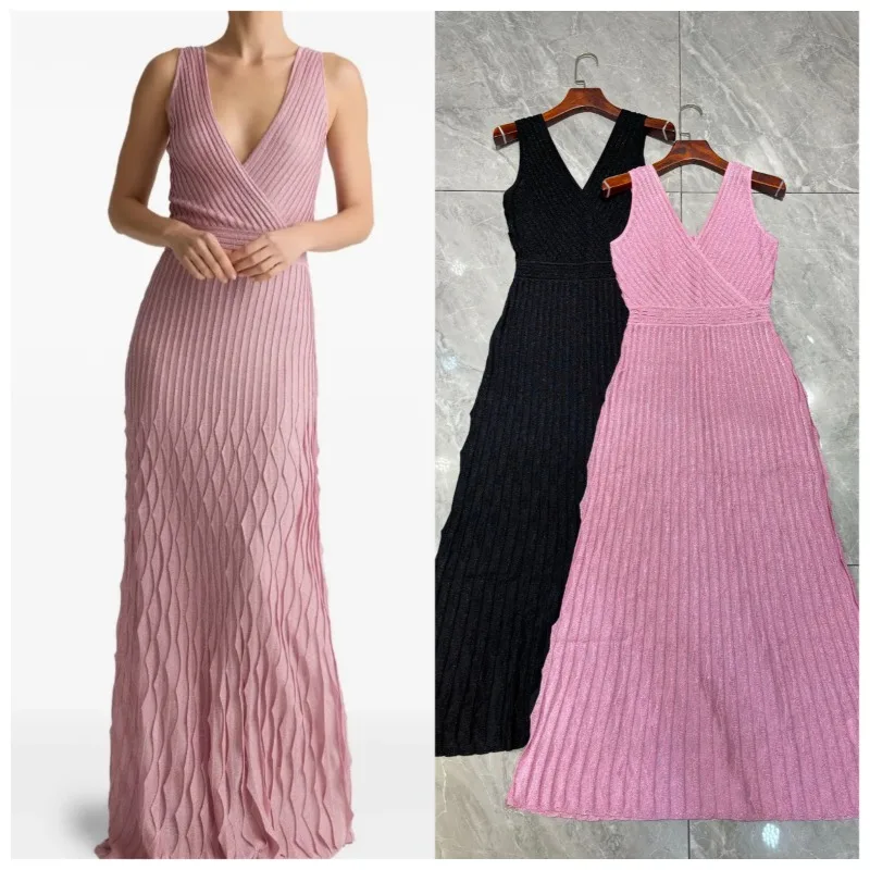 V-Neck Sexy Knitted Vest Dresses Women 2026 Summer New Elastic Slim Fit Striped Long Dress Versatile Personality Long Dress