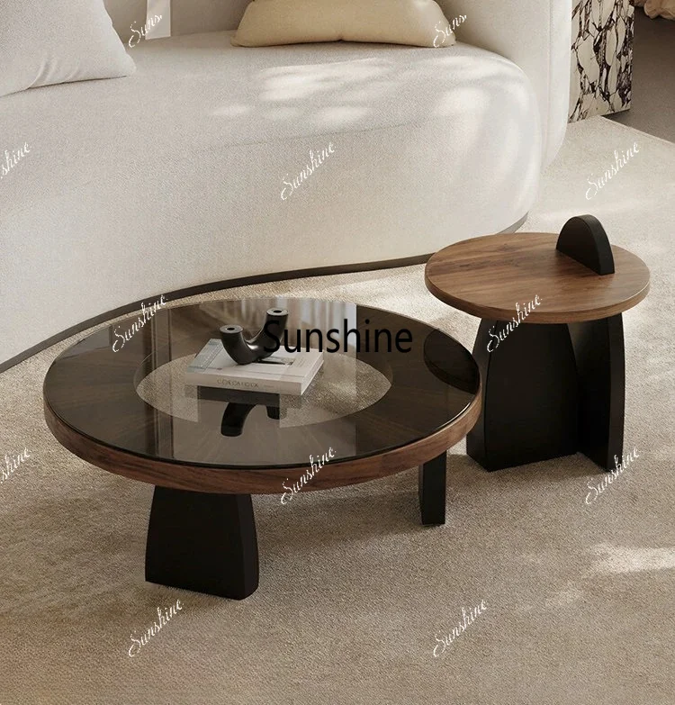 Western, glazed, medieval style solid wood coffee table size round combination small apartment glass walnut Italian minimalist