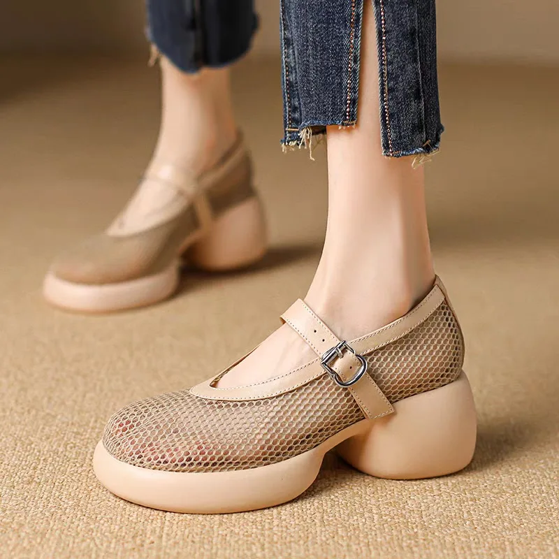 Hochhackige Blockabsatz-Plateau-Schuhe für Damen mit Flachem Einstieg, Hohlem Netzdesign, Atmungsaktiv, Sommer 2026 Neue Mary Jane Schuhe