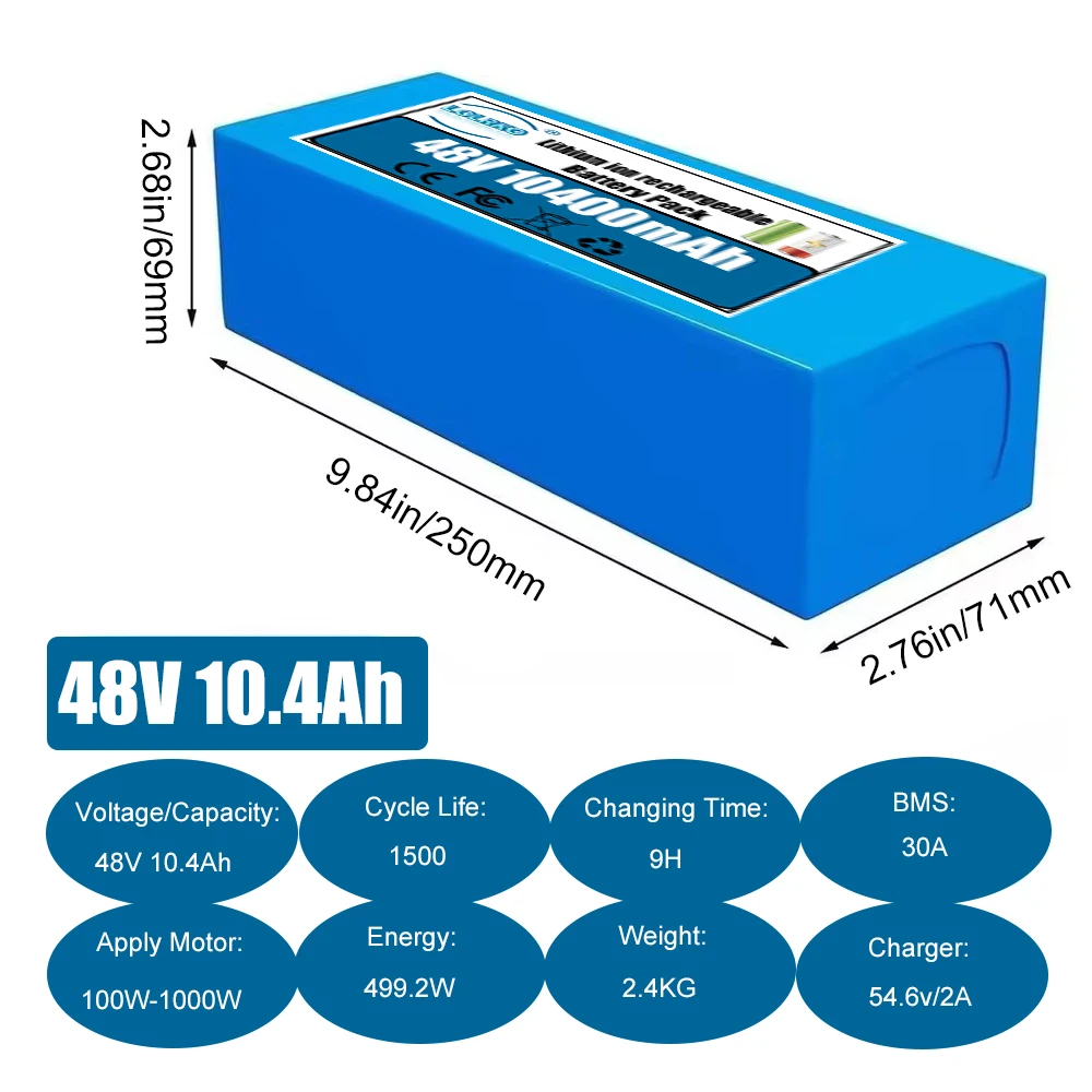 48V 14Ah 10.4Ah  Electric Bike Lithium Battery Pack 48v Li-ion Ebike Battery for Bicycle Scooter Motorcycle + Charger