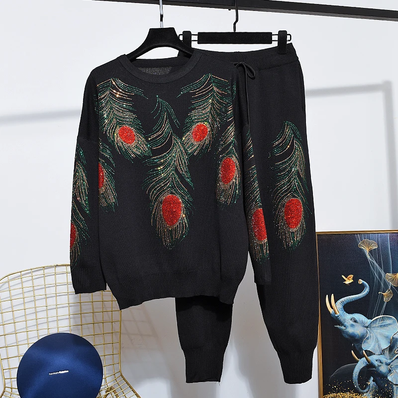 

Trendy Feather Hot Drilling Women Two-piece Set Spring Autumn Diamonds Loose Knitted Sweater Top + Casual Harem Pants Suits