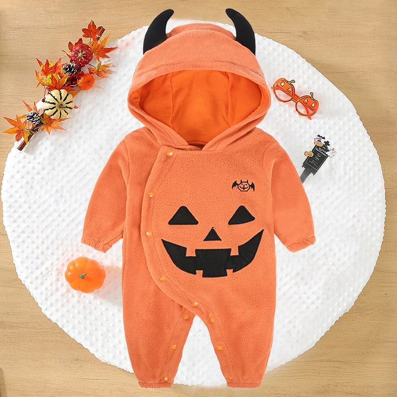 

2024 Autumn Winter Baby Boy Girl Jumpsuit Infant Halloween Pumpkin Role Play Costume Hooded Long Sleeve Rompe Clothing for 0-24m