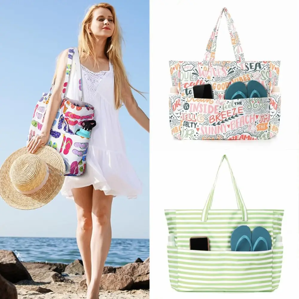 

Multiple Pockets Beach Tote Bag Foldable Zipper Gym Grocery Vacation Bags Large Capacity Waterproof Shoulder Bag